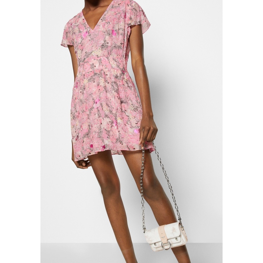 The Kooples Paris Pink Paisley Floral V-Neck Mini Dress Size 1 Viscose Flutter